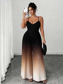 Elenzga Plus Size Women's Elegant Gradient Color Spaghetti Strap Pleated Wide Leg Jumpsuit, Cinched Waist Design, Suitable For Daily Commute, Outing And Vacation - Coffee Brown - View 4