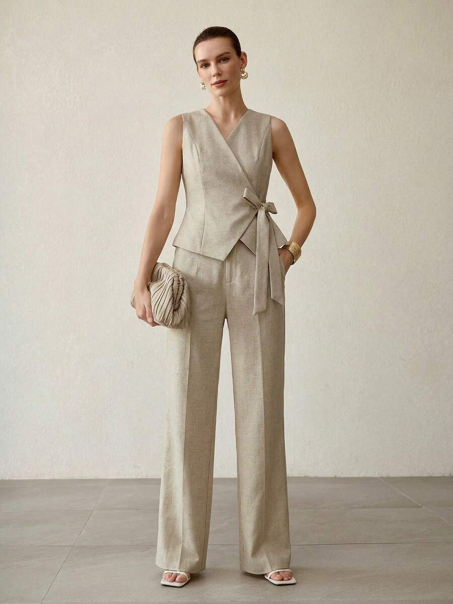 PREMIUM WOMEN'S ELEGANT SEAM FRONT SUIT PANTS - Champagne - View 1