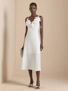 SHEIN Veneréa White 3D Floral Embellished Elegant Women's Mid-Length Dress - White - View 6