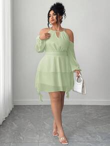 Elenzga Women's Cold Shoulder Solid Color Keyhole Neck Lantern Sleeve Dress - Green - View 3