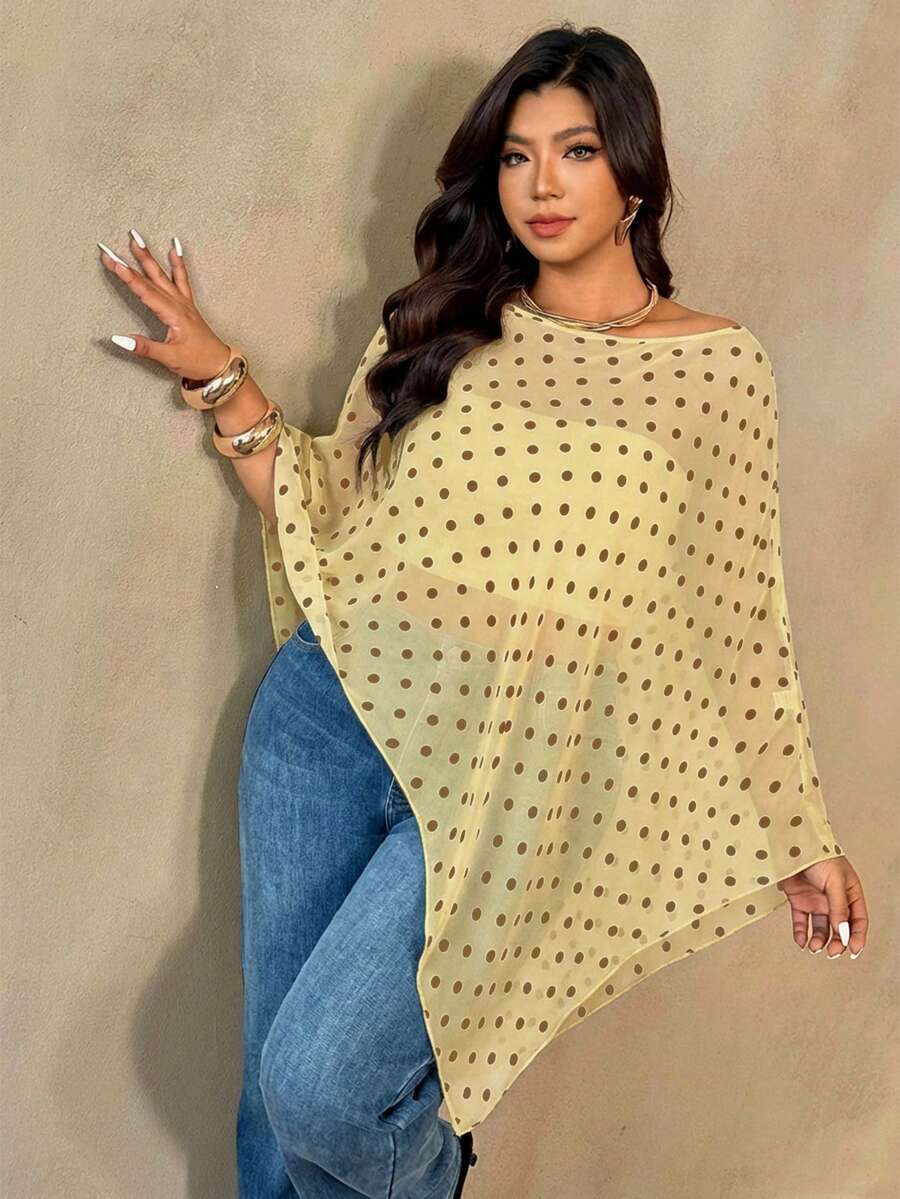 Auralis Plus Size Women Polka Dot Asymmetrical Hem Casual Versatile Daily Wear Top Fall - Yellow - View 1