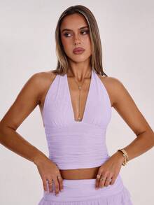 SHEIN BAE Women's Solid Color Pleated Halter Backless Casual Tank Top, Summer,Summer Top - Mauve Purple - View 3