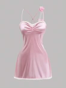 Sweetra 大码女式修身吊带迷你连衣裙，露背设计，3D立体花卉装饰，收腰设计，凸显身材，蕾丝边饰，性感露背，度假/旅行休闲夏季短裙 - 粉色 - 查看 6