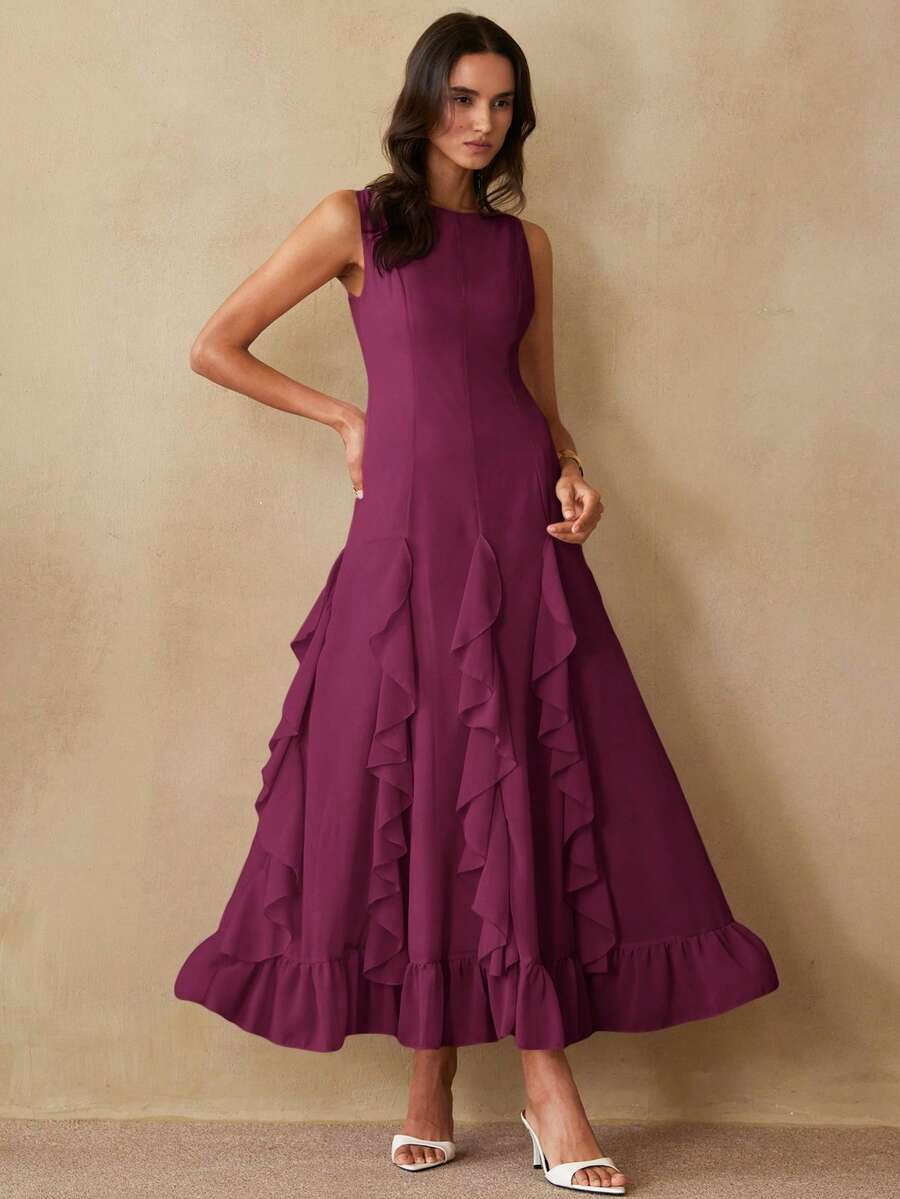 Aveloria Rosie Đầm voan chiffon sang trọng kiểu Pháp, trễ vai, thắt eo, xếp ly dọc, gấu đầm ôm dáng dành cho nữ, thích hợp cho kỳ nghỉ và hẹn hò. - Màu đỏ tím - Xem 1