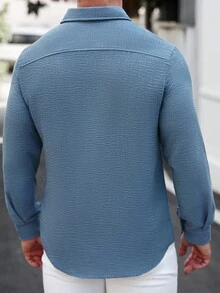 Manfinity CasualCool 男士純色單排扣休閒亞麻長袖襯衫，藍色，適合度假與正式場合 - 藍色 - 查看 2