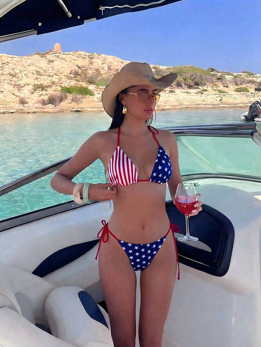 Swim Vcay 2025 Summer Women 4th Of July USA Flag Print Tied Bikini Set For Beach & Vacation - Multicolor - View 1