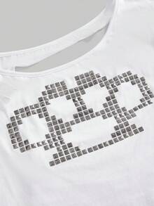 ROMWE Grunge Punk Women's Casual Rivet Ripped Backless Asymmetrical Shoulder Daily Wear Short Sleeve T-Shirt - White - View 3