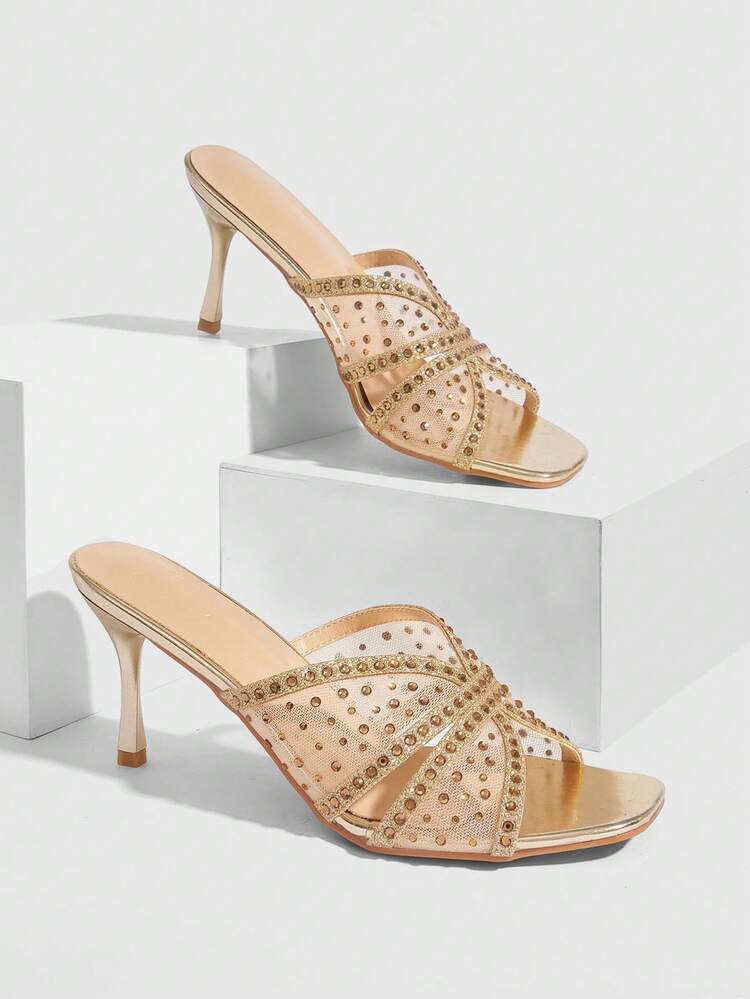 CUCCOO SZL Women's Fashion Square Toe Classic Mesh Diamond Press Sexy Evening Party Party Style Simple Backspace Stiletto High Heel Sandals Summer Shoes
