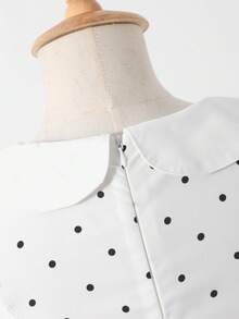 女童复古甜美波点印花彼得潘领无袖褶皱连衣裙，适合春夏日常外出、派对等场合，白色 - 白色 - 查看 9