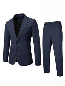 Calvornis Men's Simple Solid Color Button Long Sleeve Suit Jacket And Casual Pocket Pants Set, Ceremony, Formal - Navy Blue - View 3