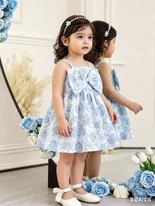 SHEIN 2025夏季新款女婴甜美蝴蝶结装饰无袖连衣裙 - 藍色 - 查看 3