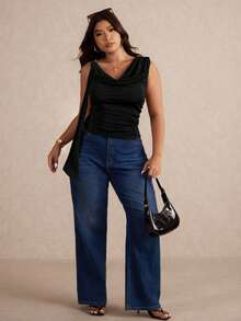 Elaquor Plus Size Women Solid Color Metal Decor Pleated Casual Versatile Daily Wear Top - Black - View 4