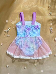 Baby Girl Cute Fish Scale Print Contrast Mesh Ruffle Trim One-Piece Swimsuit - Purple - View 2