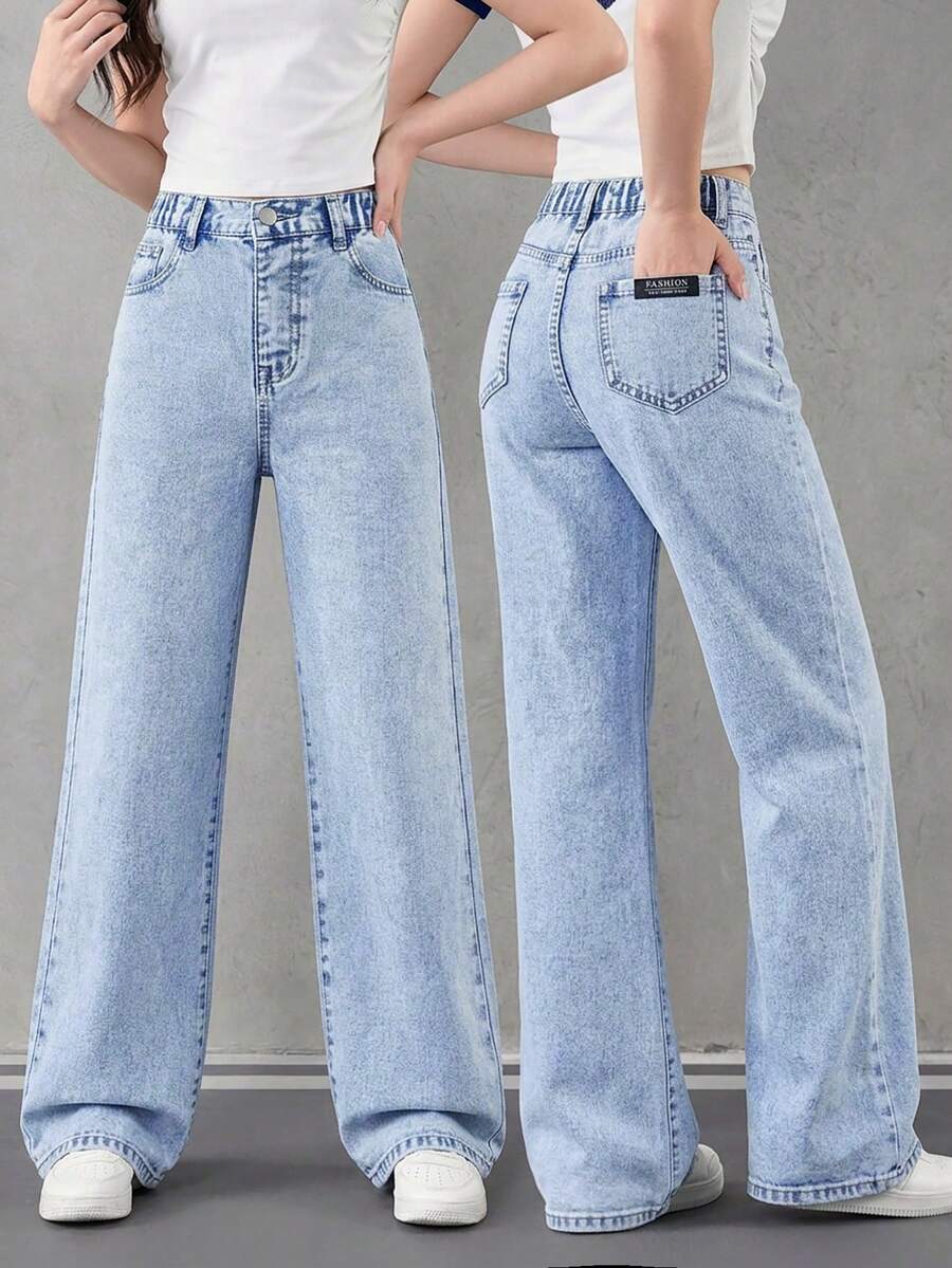 Tween flickjeans med raka ben och lös passform, tvättade ljusblå, bakfickor, Y2K-stil, bekväm resår i midjan, mångsidiga för sommar, vår, semester, vardagliga utflykter, fester, resor - Ljustvätt - Visa 1