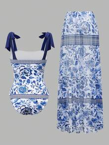 Swim Oasis Bộ đồ bơi liền thân in hoa phong cách boho mùa xuân/hè 26SS dành cho kỳ nghỉ biển, kèm áo khoác ngoài và chân váy đồng bộ. - Nhiều màu - Xem 3