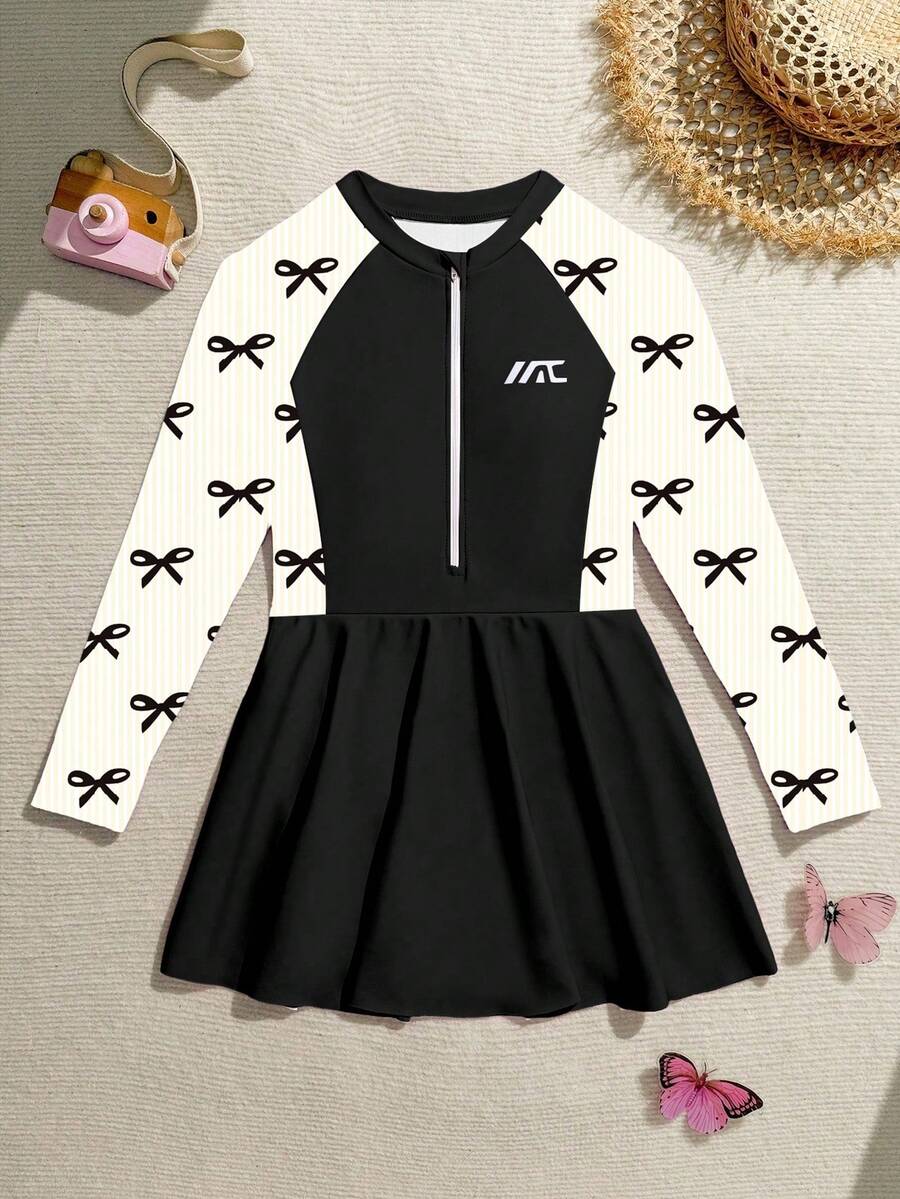 SHEIN 少女可爱休闲蝴蝶结条纹印花荷叶边连体泳衣 - 黑與白 - 查看 1