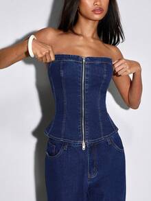 Avantive Women's Casual Versatile Zip-Up Denim Camisole Top For Daily Wear - Royal Blue - View 2