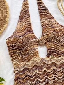 Mono de mujer con textura de ganchillo, espalda descubierta, cuello halter y escote en V, para vacaciones en la playa - Gris - Ver 3