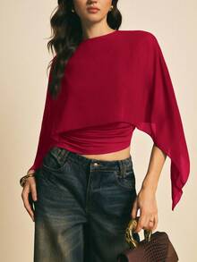 Poéselle Áo nữ cổ tròn màu trơn kiểu khăn choàng thời trang - Màu Hoa hồng đỏ - Xem 3