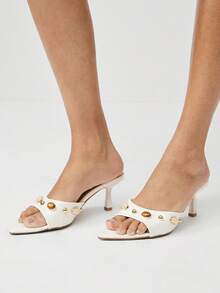 SHUZIA 女士优雅宝石铆钉尖头高跟凉鞋 - 白色 - 查看 4