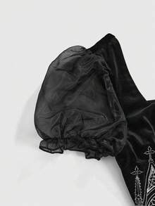 Spring/SummergraphicGothic Palace Square Neckline Black Velvet Top With Lace And Cross Embroidery - Black - View 3