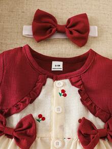 SHEIN Newborn Baby Girl Fashionable, Sweet And Cute Cherry Pattern Color Blocked Red Round Neck, Ruffle Edge Spliced Bow, Bubble Short Sleeved Fake Two Pieces Dress And Bow Headband Suitable For Shopping, Shooting, Shopping And Dressing Cherry Print Baby Dress Newborn Baby Girl Dresses Baby Photoshoot Outfit - Red - View 4