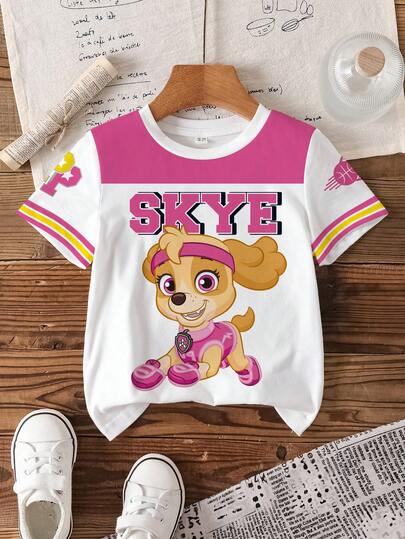 SHEIN | PAW Patrol Camiseta de manga corta con cuello redondo, estampado de letras de dibujos animados, de uso casual y versátil para uso diario para niña