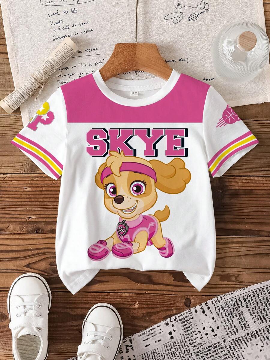 SHEIN | PAW Patrol Áo thun tay ngắn cổ tròn in chữ hoạt hình dành cho bé gái, kiểu dáng thường ngày, đa năng. - trắng - Xem 1