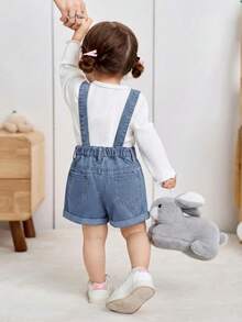 Baby Girl Heart Embroidery Pocket Casual Versatile Daily Wear Denim Bib Shorts - Medium Wash - View 5