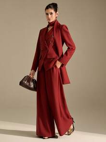 Women's Lapel Cinching Waist Long Sleeve Blazer And Wide Leg Pants Suit Set - Burgundy - View 3