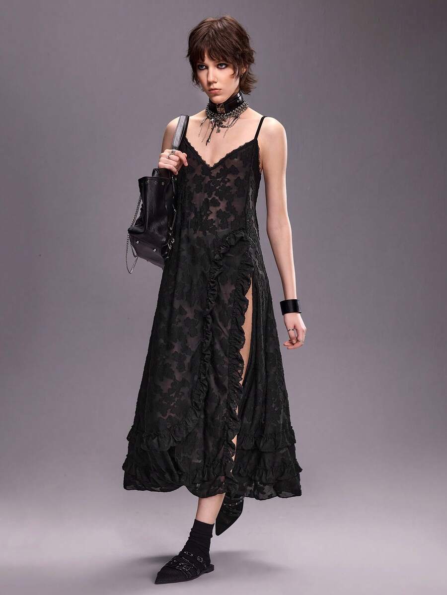 ROMWE Avant Đầm maxi nữ dây mảnh, xẻ tà cao bất đối xứng, xếp nếp, phủ ren. - màu đen - Xem 1