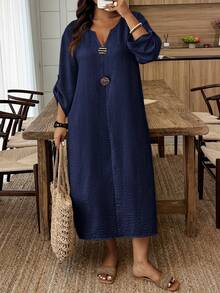 Breezaya Plus Size Casual Solid Color Dress Fall - Navy Blue - View 1