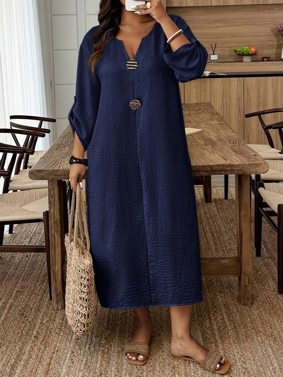 Breezaya Plus Size Casual Solid Color Dress Fall - Navy Blue - View 1
