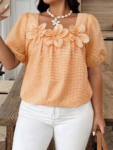 EMERY ROSE Plus Size Women Plaid 3D Floral Decor Short Puff Sleeve Shirt - Orange - View 5