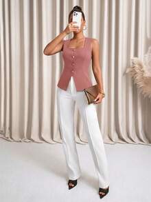 Lavishia Women's Elegant Square Neck Front Button Waist Vest, Summer - Dusty Pink - View 3