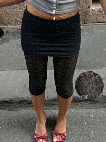 SHEIN EZwear Women's Black 2 In 1 Casual Knit Capri Pants - Black - View 10