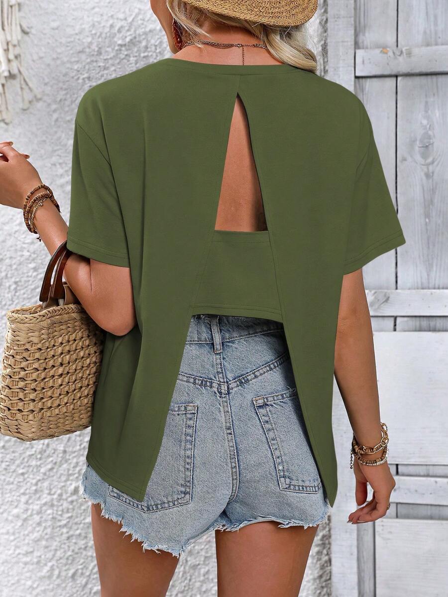 SHEIN Tall Women's Army Green Summer Casual Vacation Holiday T-Shirt,Round Neck Loose Back Slit Breathable Short-Sleeved Top,Stylish Versatile Top - Green - View 1
