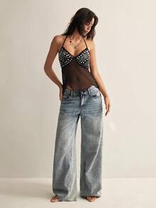 Easelle Sexy Black Chiffon Backless Camisole Top For Women Adorned With Rhinestones Perfect For Summer Club Party Night - Black - View 5