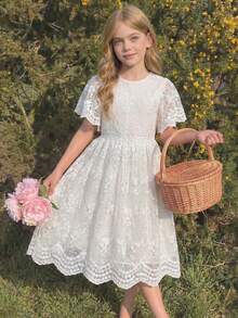 SHEIN Tween Girl Rund Halsad Spets Patchwork Söt & Elegant Klänning - Vitt - Visa 5