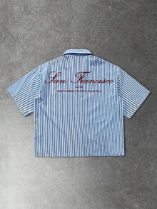 Manfinity EMRG Men's Casual Striped Letter Print Shirt, Summer - Blue - View 1