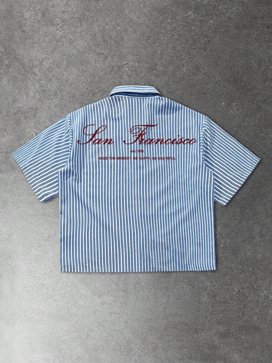 Manfinity EMRG Men's Casual Striped Letter Print Shirt, Summer - Blue - View 1