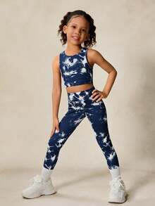 SHEIN 2pcs/Set Young Girls' Tie-Dye Print Elastic Camisole And Sports Pants Matching Sets, Yoga Outfits, Back To School Sets - Navy Blue - View 4