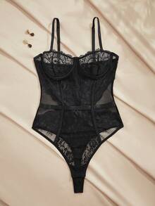 Charlaine Women's Black Sleeveless Lace Mesh Teddy Semi-Sheer Bodysuit Lingerie - Black - View 8