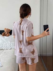 Napfluff Conjunto de pijama de pantalón corto y blusa de manga corta con botones con estampado de oso lindo para mujer - Rosa - Ver 2