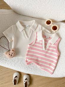 SHEIN Playful Pals Bộ 2 món áo croptop dệt kim gân cổ trái tay ngắn và không tay cơ bản cho bé gái, thích hợp cho mùa xuân/hè. - Nhiều màu - Xem 1