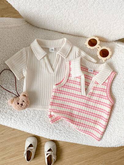SHEIN Playful Pals 2pcs Baby Girls' Basic Sweetheart Neck Short Sleeve & Sleeveless Ribbed Knit Cropped Top Set, Spring/Summer