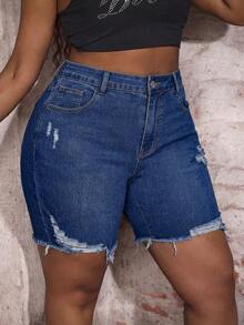 Slaydiva Women Plus Size Distressed Navy Blue Denim Shorts,Summer Casual High Waisted Frayed Hem Jean Shorts,Slim Fit Dark Wash Biker Style Bermuda Jorts - Blue - View 5