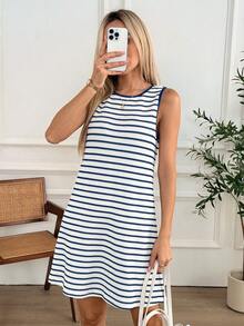 Easowa 女士休闲条纹圆领无袖迷你连衣裙，夏季 - 彩色 - 查看 3