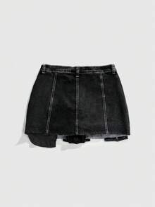 ROMWE Avant 大码女式Y2K复古朋克金属装饰超短牛仔短裤 - 黑色 - 查看 4