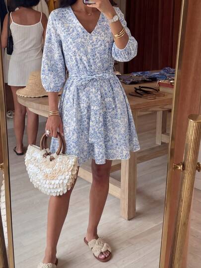 Breezaya Vestido casual de mujer con cuello en V, cinturón y estampado todo sobre, para verano